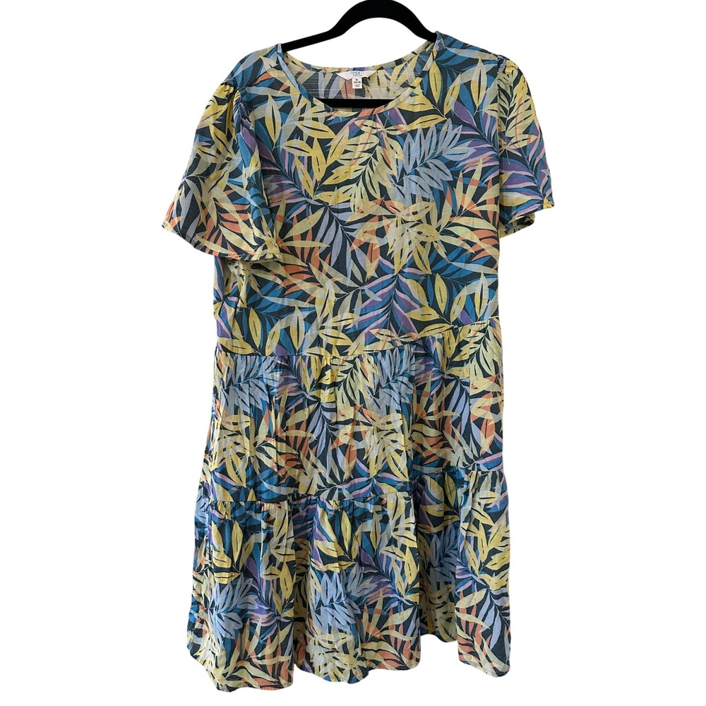 Time and Tru Womens XL 16-18 Tropical Palm Leaf Tiered Mini Dress Flutter Sleeve